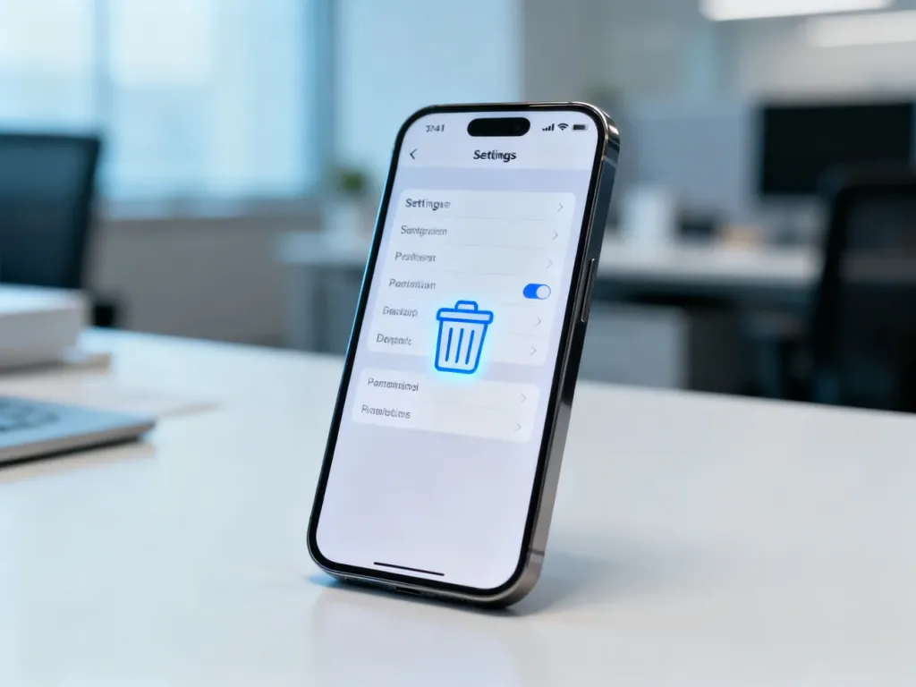 Ekran smartfona z ikoną kosza w menu ustawień, symbolizujący proces usuwania zbędnych aplikacji z telefonu.