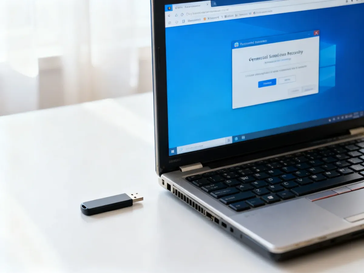 Starszy laptop i pusty pendrive przygotowane do utworzenia instalatora