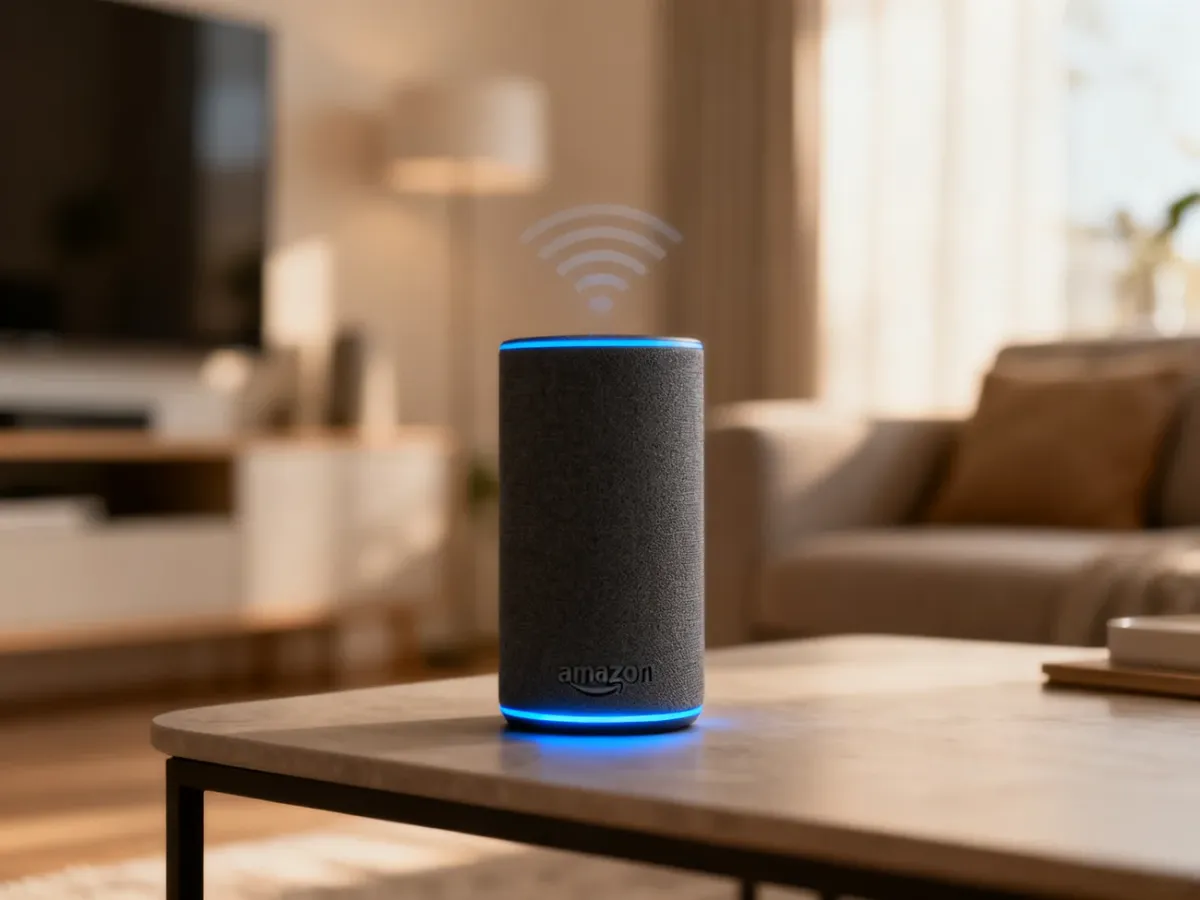 Głośnik Amazon Echo w nowoczesnym salonie podczas działania asystenta Alexa