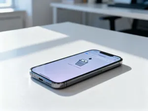 Smartfon z aplikacją Samsung Health na ekranie, leżący na biurku obok szklanki wody i słuchawek bezprzewodowych.